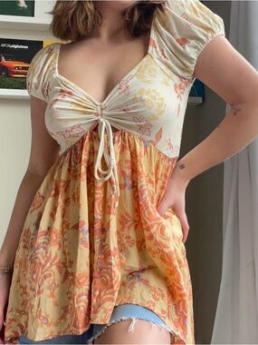 Free People Cream and Orange Floral Babydoll Top